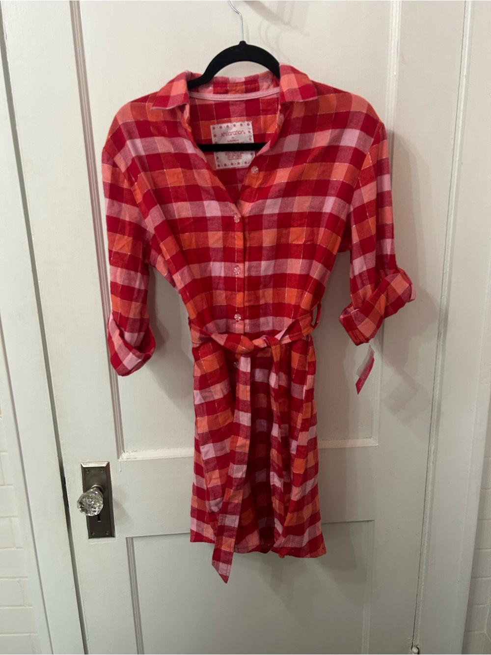 Red and Pink Plaid Button-Up sleep Dress with Waist Tie